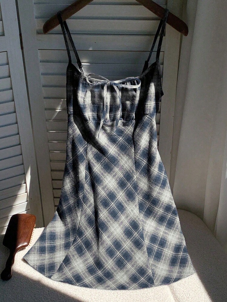 Comfortcana Plus Size Casual Retro Navy Blue Plaid Strap Dress Plaid Dress - Navy Blue - View 4