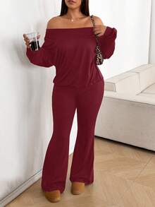 Sunnyshic Bộ 2 món áo hở vai và quần ống loe cỡ lớn cho nữ - Màu Đỏ Sâu - Xem 6