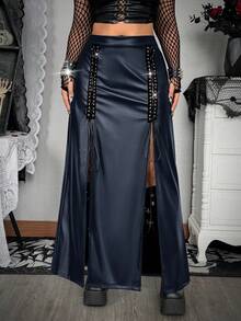 Whyspr Plus Size Autumn/Winter PU Faux Leather Metal Grommet Lace-Up Hollow Out Double Slit Elegant Vintage Sexy Punk Goth Long Skirt - Blue - View 4