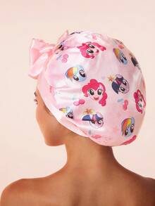 My Little Pony X SHEIN 升级版双层粉色女士护发帽，宽弹力缎面卡通印花睡眠帽，柔软舒适，适合日常居家、睡眠，系带设计 - 粉色 - 查看 3