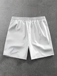 ROMWE MEN Street Life Pantalones cortos de hombre con estampado de letras, cintura con cordón y PU brillante plateado - Plateado - Ver 9