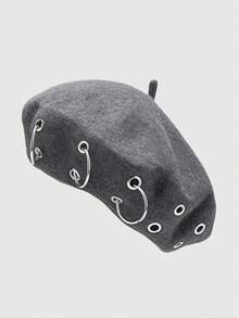 ROMWE Grunge Punk 1 Punk Style Gray Round Hollow Rivet Beret, Y2K Metal Ring Hat, Daily Personalized Fashion Items - Light Grey - View 2
