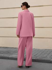 EURMUSE Women's Solid Color Notched Collar Single-Breasted Long Sleeve Jacket And Wide-Leg Pants Casual Business Suit Set - Dusty Pink - View 2