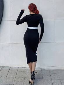 Bearsaez Square Neck Color Block Figure Hugging Sexy Women Dress Maxi Women Outfit Fall Cloth For Women - Black and White - View 2