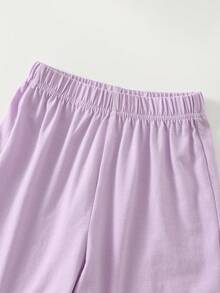 Set de 2 piezas de camiseta de manga corta con cuello redondo holgada y estampado de letras, y shorts holgados para niña joven en color morado - Púrpura malva - Ver 6