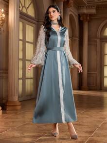 Al Najma Women's Floral Patchwork Mesh Lantern Sleeve V-Neck Elegant Arabic Dress - Multicolor - View 7