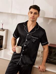 CoupledUp Faux Silk Heart Embroidery Contrast Trim Cardigan Pajama Set For Men Men Night Wear Satin Pajamas Set Sleepwear Set Couple Matching Pajamas Set - Black - View 6