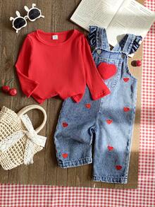 SHEIN Vintaside Kids 1pc Baby Girl Blue Denim Casual Cute Embroidered Floral Strap Denim Jumpsuit, Suitable For Outings And Parties