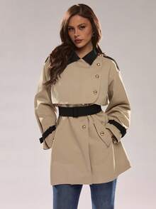 Glamine Contrast Color Decor Vintage Casual Daily Wear Women Trench Coat Work - Khaki - View 6