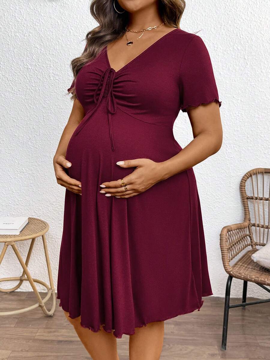 SHEIN 孕妇加大码纯色系带短袖休闲连衣裙 - 酒紅色 - 查看 1