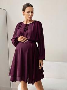 MaterniWear Đầm bầu tay dài màu trơn, kiểu xoắn phía trước. - Màu Đỏ Sâu - Xem 7