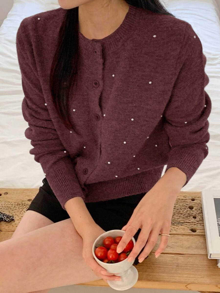 DAZY Women's Fashion Casual Beaded Short Cardigan - Red Violet - View 1