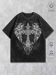 Goth Men's Casual Cross & Wing Print Short Sleeve T-Shirt, Summer