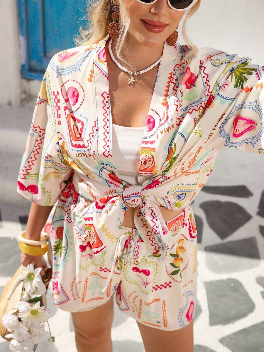 Vivid Eden Conjunto de 2 piezas de camisa tipo kimono y pantalones cortos con estampado de hojas azules para mujer de talla grande para el verano - Multicolor - Ver 1