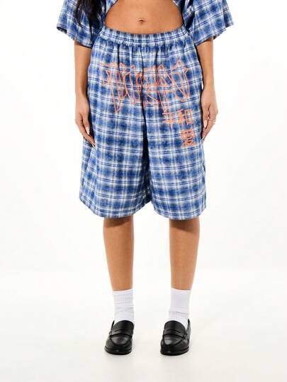 SUMWON WOMEN Washed Check Plaid Longline Basketball Shorts With Tokyo Print Graphics For Casual Streetwear