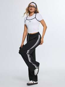 Eassivo Eassivo Calça esportiva feminina de corte reto com detalhes em fita lateral, ideal para academia, treinos, atividades ao ar livre e deslocamentos diários. - Preto - Ver 6