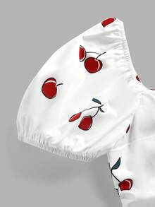 SHEIN Girlism 少女春夏白色底樱花印花泡泡袖胸前褶皱腰部褶皱A字中长连衣裙，优雅花卉图案，奢华度假风 - 白色 - 查看 4