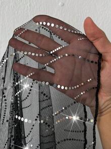 Viva Relle Đầm nữ cỡ lớn bằng vải lưới đính sequin, cổ chữ V, thắt eo, dáng ôm, thích hợp mặc thường ngày. - Màu xanh hải quân - Xem 8