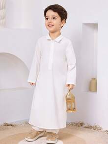 SHEIN 2-Piece Set Young Boys Traditional Casual Sportswear,Retro Art Golden Edge Ribbon Shirt Robe&Cardigan,Autumn Kids Outfits For Wedding,Evening Party - Black and White - View 7