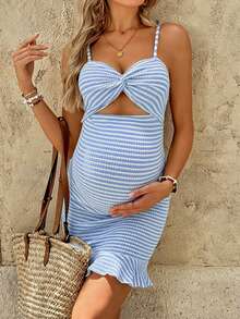 Maternity Vacation Striped Twist Cutout Sexy Fashion Spaghetti Strap Dress - Baby Blue - View 4