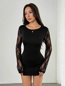 SHEIN PETITE Women's Summer Lace Panel Mesh Fashion Sexy T-Shirt - Black - View 3