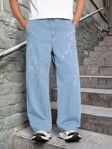 Manfinity EMRG Plus Size Men's Lightning Embroidered Distressed Washed Black Denim Jeans, Suitable For All Seasons Light Blue Pants - Light Wash - View 6