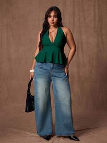 Rustia 大码女士露背吊带休闲上衣 - 墨綠色 - 查看 1