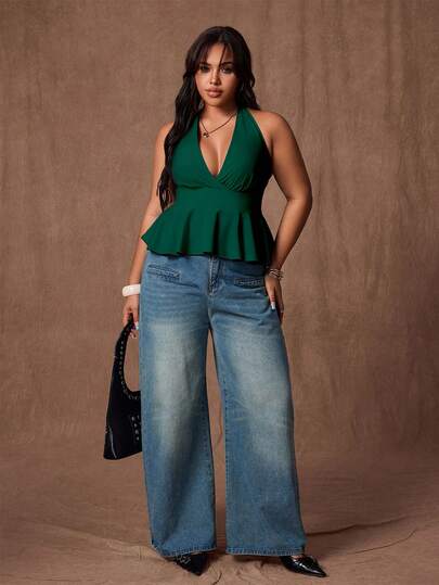 Rustia Blusa casual sin espalda con cuello de halter para mujer de talla grande