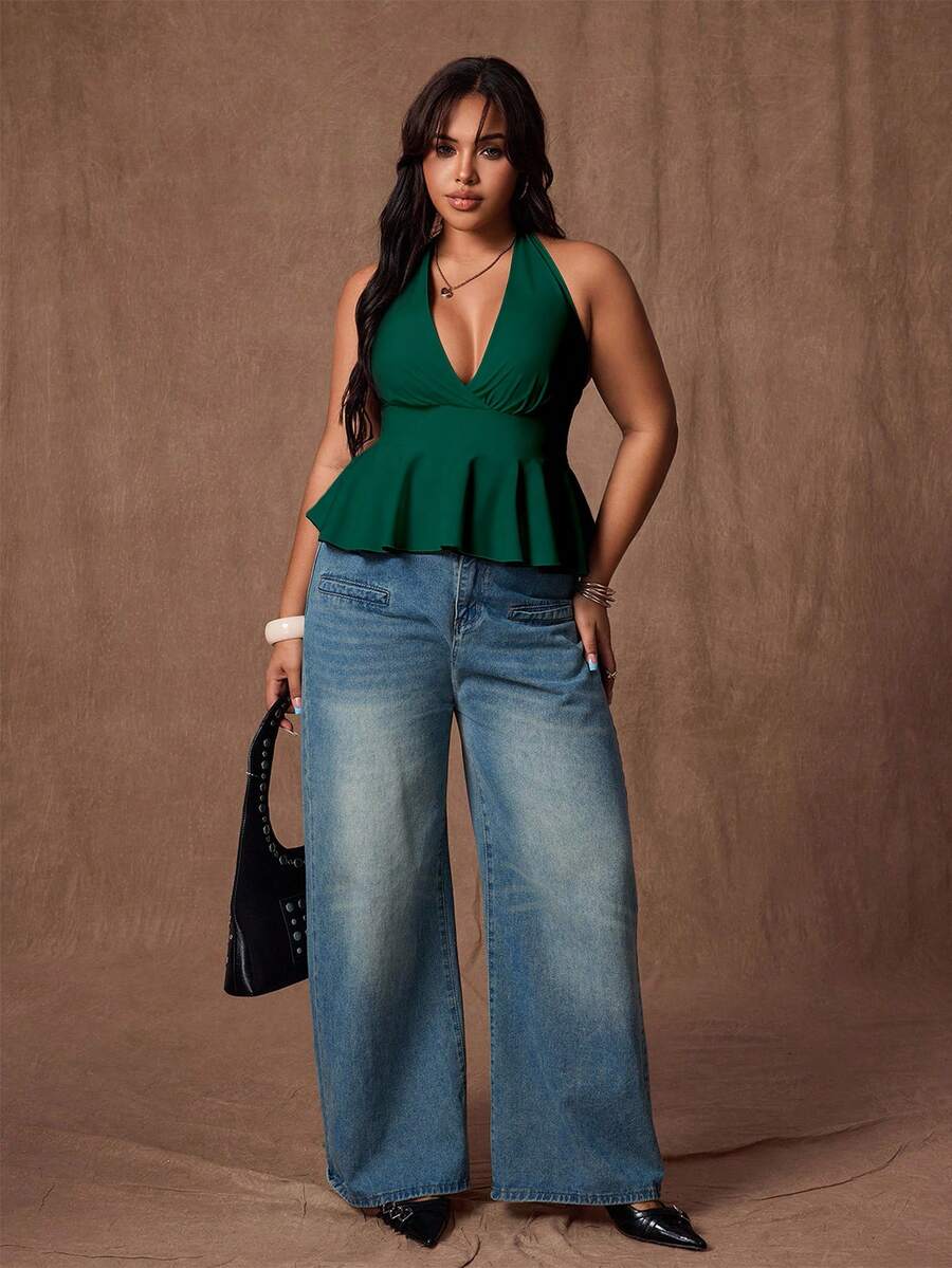 Rustia 大码女士露背吊带休闲上衣 - 墨綠色 - 查看 1