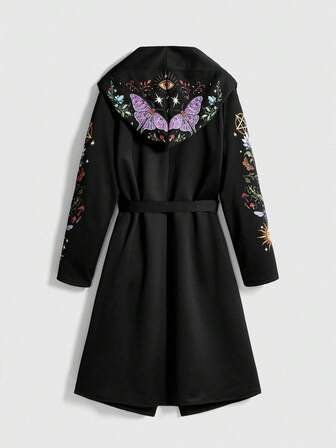 Goth Gotischer Dornen Hexen Pilz Wald Pflanzen Schmetterling Muster Lange Hexen Umhang, Lange Damen Mantel, Schwarzer Mantel Jacke, Dunkle Gotische Mysteriöse Vintage Jacke in Große Größen