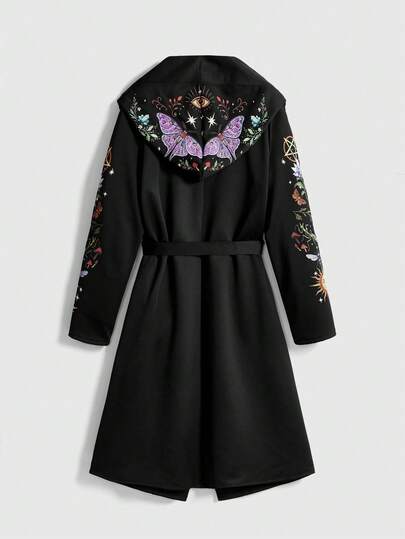 Goth Mantello lungo da strega con motivi gotici di spine, funghi, foresta, piante e farfalle. Cappotto lungo da donna, giacca nera, giacca gotica scura, misteriosa e vintage, taglie comode