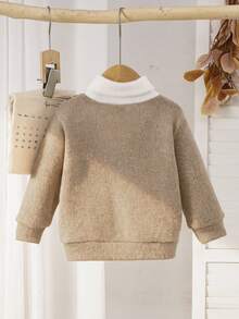 SHEIN Baby Boys V-Neck 2 In 1 Knitted Sweater, High Collar Knit Pullover For Autumn/Winter - Mocha Brown - View 2