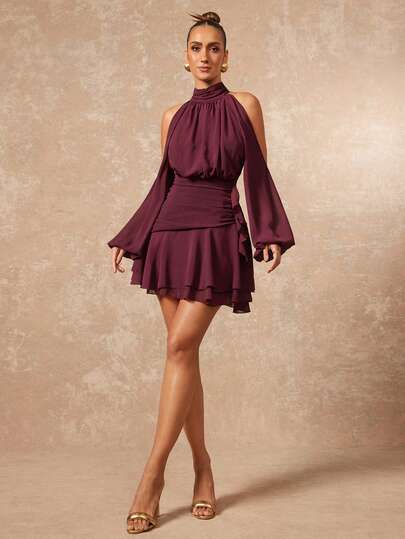 Lumalex Vestido corto elegante y sexy de mujer con diseño fruncido de manga larga y hombros descubiertos en color morado, para primavera/verano