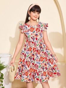 Vestido de verano vintage con estampado floral, manga corta, volantes y lazo en la espalda para niña preadolescente - Multicolor - Ver 7