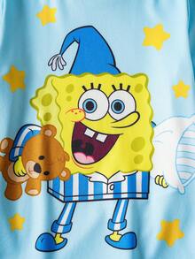 SpongeBob SquarePants | SHEIN Young Boy Cartoon Pattern Crew Neck Long Sleeve Top And Pants Snug Fit Pajama Set - Blue - View 3