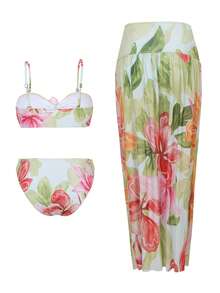 Swim Oasis 3pcs/Set Random Floral Print Removable Strap Bikini Set With Skirt, Elegant & Sexy Adult Beach Party Christmas Swimsuit - Multicolor - View 2