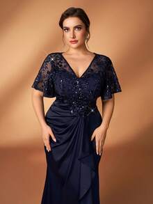 Serin Plus Size Elegant Navy Blue Winter Dress,Formal Party Wedding Mother Of The Bride Sequin Floral Lace Applique Elastic Satin Ruffle Sleeve Gown - Blue - View 3