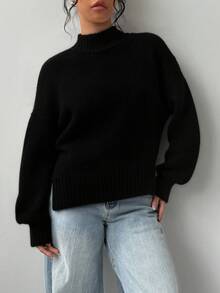 Suéter de manga larga para mujeres - blusa de punto para mujeres de cuello redondo, blusa de fondo de punto para mujeres, lavable a máquina, elástica, delgada, ocio diario y artículos necesarios para el estilo del lugar de trabajo - Negro - Ver 1