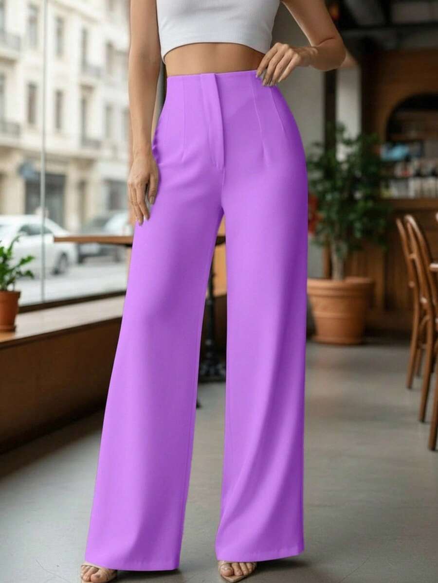 Pantalón Pinzas al Frente y Pierna Amplia. Tela Stretch. - Lila Púrpura - Ver 1
