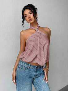 SHEIN Unity Blusa holgada sin mangas y sin espalda con rayas para mujeres - Rosa - Ver 3