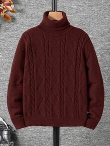 SHEIN Tween Boys' Casual Everyday Versatile Comfortable High Neck Long Sleeve Pullover Knit Sweater - Brown - View 6