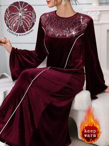 Al Najma Women's Elegant Velvet Colorblock Rhinestone Collar Patchwork Dress, Fashionable For Autumn/Winter Kaftan Jalabiya Dress - Burgundy - View 6