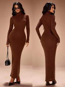 Radiana Vestido longo feminino sexy, minimalista e elegante, marrom café, com gola alta e textura canelada felpuda. Confeccionado em malha de alta elasticidade, modelagem que valoriza a silhueta. Estilo minimalista, confortável e versátil, ideal para passeios casuais, trabalho, festas e até mesmo para o Dia de Ação de Graças. - Castanho Café - Ver 9