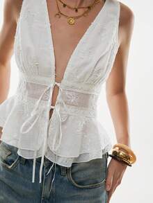 Poéselle Women's Fashion Vacation Casual Tie-Up Ruffle Hem Camisole,White Embroidered Peplum Top - Tie Front Lace Tank With Floral Details For Boho Summer Outfits,Spring Outfit ,Spring To Summer,French Style Top - White - View 3