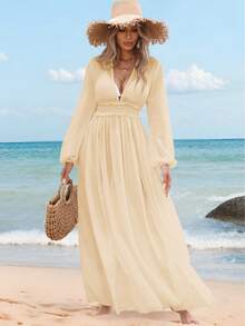 Swim Vcay 女士沙滩连衣裙，V领长袖高腰开衩沙滩罩衫裙，夏季 - 杏色 - 查看 3