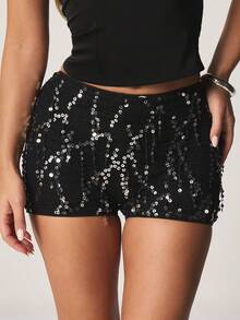 MISSGUIDED Sequin Hot Pants Mini Shorts High Waisted Sparkly Party Club Night Out Bodycon Fitted Festival Rave Summer Glitter Embellished - Black - View 2