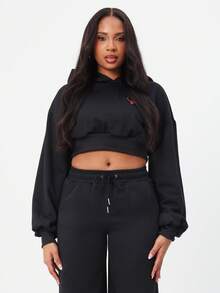 Oversized Cropped Sweatshirt With Text Print Long Sleeve Drawstring Pullover Sweatshirt - Black - View 5