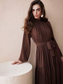 Arave Women's Solid Color Stand Collar Ruched Waist Tie Design Long Sleeve Fashionable Party & Holiday Cake Hem Dress New Year - Brown - View 6