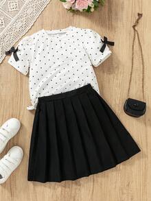 SHEIN Girls Elegant All-Match Versatile Crew Neck Short Sleeve Knit T-Shirt + Woven Pleated Skirt 2-Piece Set - Black - View 3
