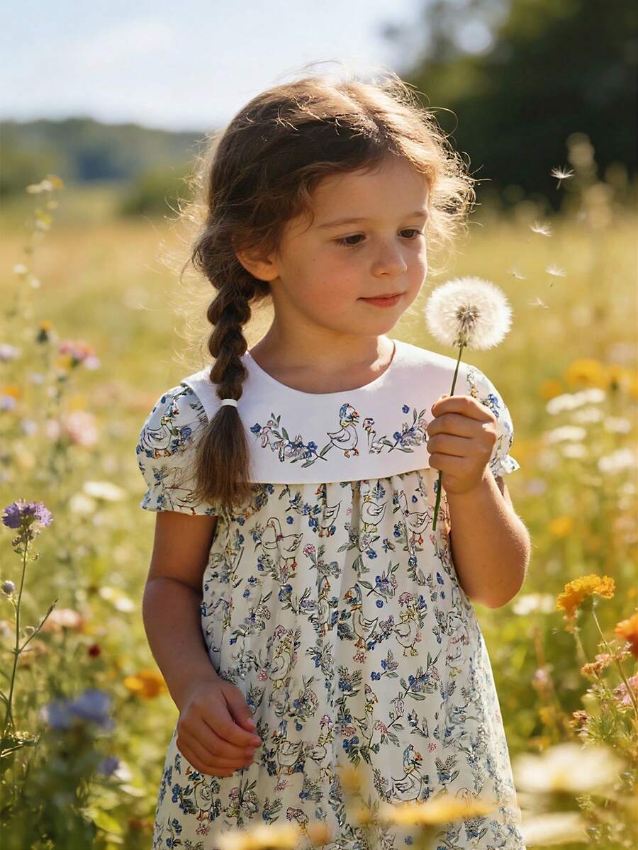 女童休闲可爱小鸭碎花夏季连衣裙 - 白色 - 查看 1